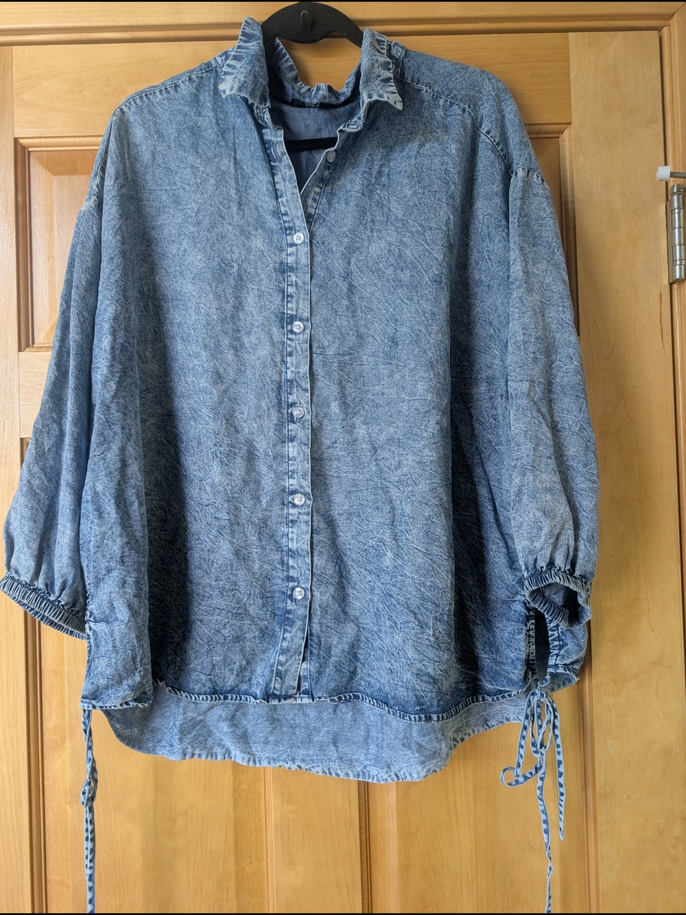 Light Wash Denim Button-Up Top Tie Side Detail